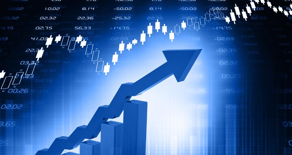 Imagen de un gráfico financiero ascendente y una flecha azul apuntando hacia arriba, usada en una entrada en el blog de Chapa Cambio sobre qué es una bolsa de valores y sus funciones