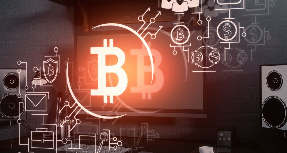 Imagen de un símbolo de Bitcoin iluminado con gráficos digitales, usada en una entrada en el blog de Chapa Cambio sobre las ventajas y desventajas de invertir en criptomonedas